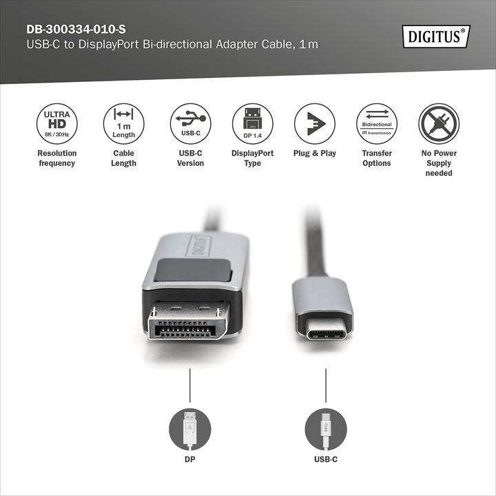 Produktbild Digitus USB Typ-C Adapterkabel, USB-Typ-C auf DP (1 m)