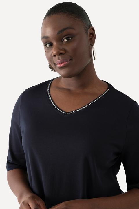 Immagine prodotto Ulla Popken T-shirt dal taglio svasato in cotone Pima con scollo a V e mezze maniche (42, 44)