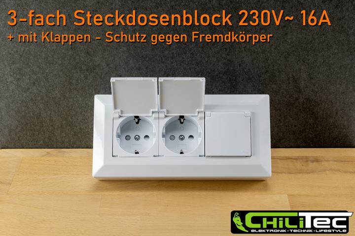 Produktbild Chilitec Steckdosenblock 23930, 3-fach, mit Schutzklappen, 250V/16A, weiss (3x)