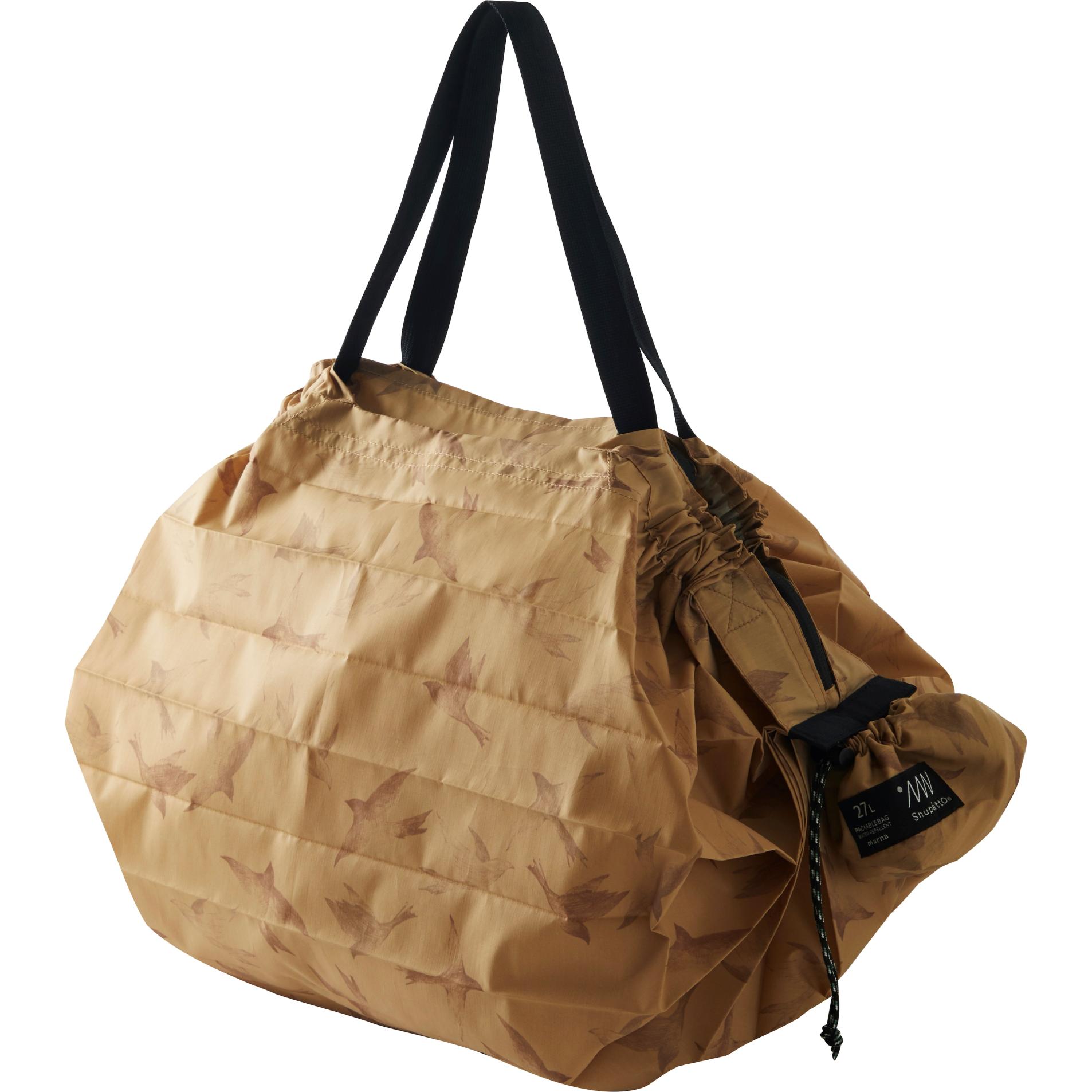 Shupatto, Einkaufshilfe, Compact Packable Bag "Flying Birds" - Faltbare Tasche One-Pull (patentiert), Braun
