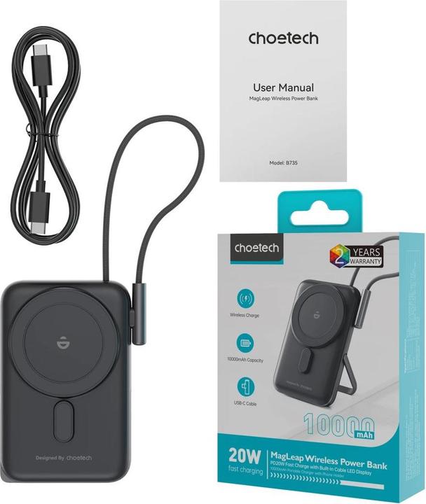 Produktbild Choetech B735 magnetic powerbank 10000mAh 20W PD + USB-C cable (black) (10000 mAh, 20 W, 37 Wh)