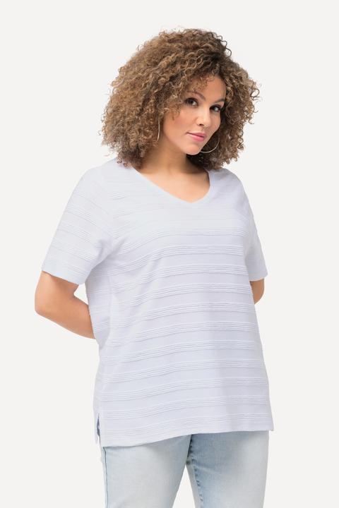 Immagine prodotto Ulla Popken T-shirt con texture a righe, scollo a V e mezze maniche (46, 48)