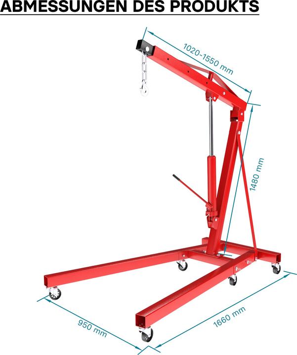 Produktbild Wiltec Motorheber Werkstattkran Hydraulisch Doppelpumpe 2000 kg Getriebeheber Hebekran