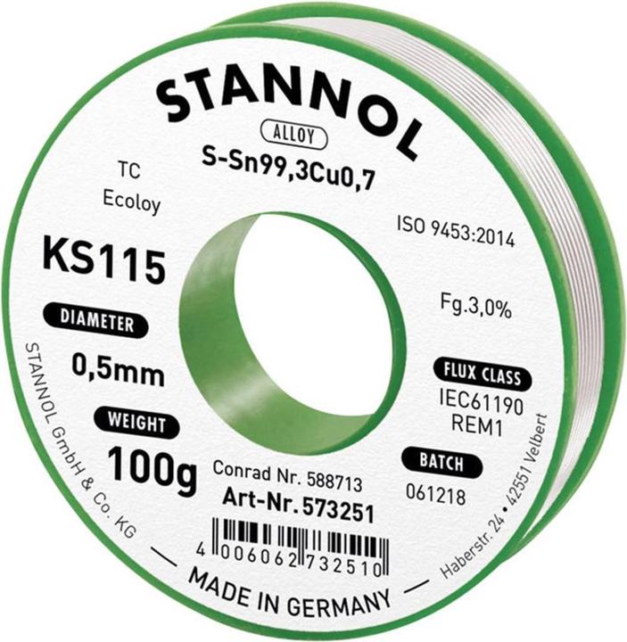 Stannol KS115 Lötzinn, bleifrei Spule Sn99,3Cu0,7 ROM1 100 g 0.5 mm (Lötspulenkit)