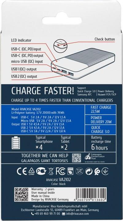 Actual product image Rivacase Power Bank (20000 mAh, 22.50 W, 74 Wh)