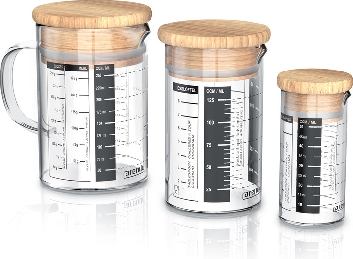 Produktbild Arendo Messbecher-Set, 50 ml, 125 ml & 250 ml aus Glas für Küche, luftdicht, Bambusdeckel, Silikondichtung (250 ml)