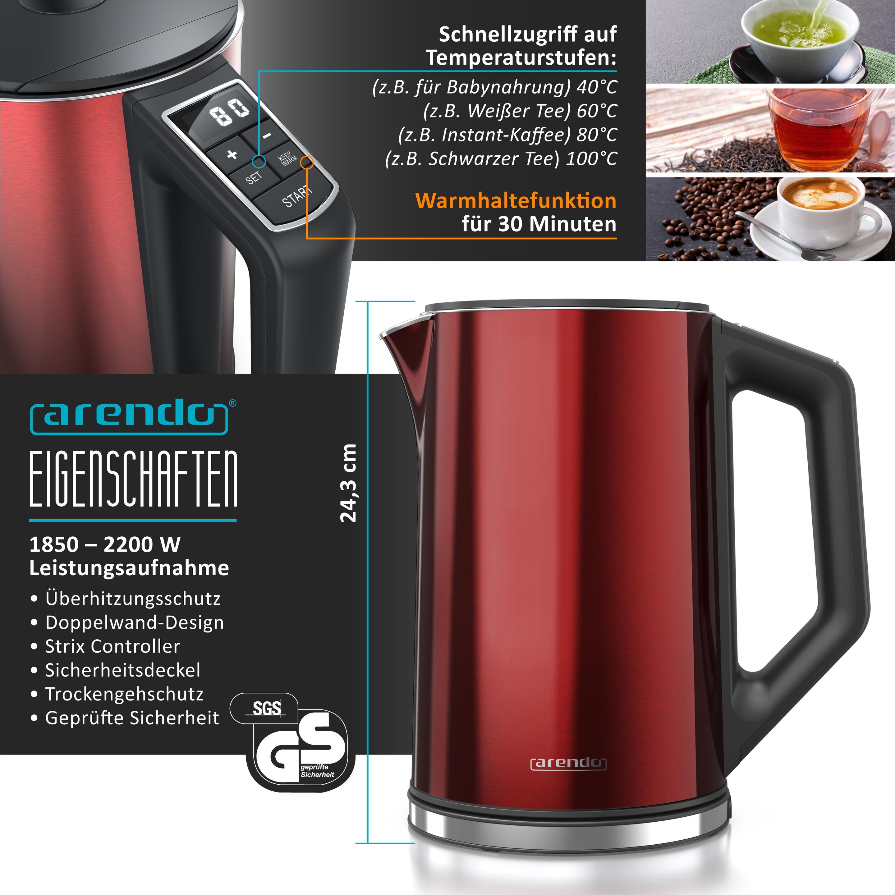 Thumbnail - Arendo Frühstücks Set, Edelstahl Wasserkocher 1,5l mit Temperaturwahl & 2-Scheiben Langschlitz Toaster, Rot, Wasserkoche...