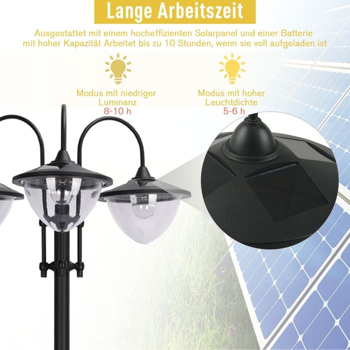 Produktbild Swisshandel24 Solarleuchte Gartenlicht 3-köpfige Lampe mit Blumentopf-Basis Wasserdicht Edelstahl 60 x 55 x 189 cm (IP44)