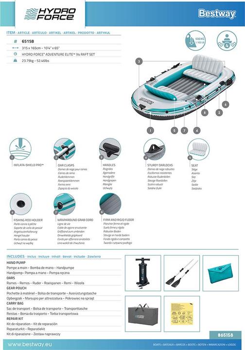 Image du produit Bestway Hydro Force Canot gonflable X4 pour 4 personnes Adventure Elite 3,15 m (315 cm, 1 Personne)