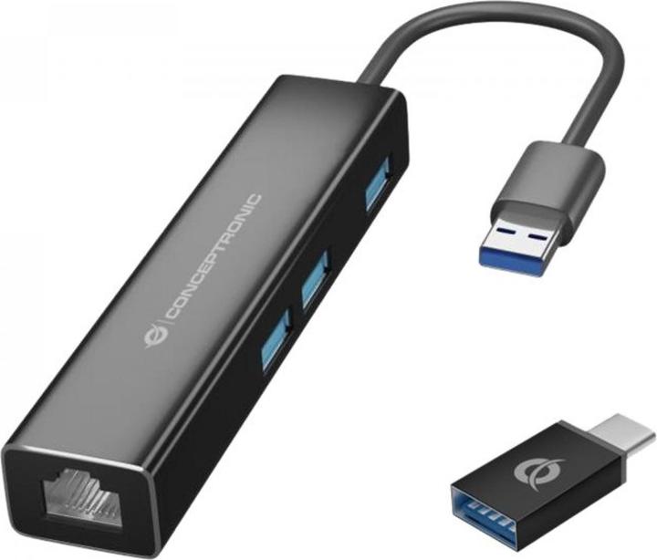 Actual product image Conceptronic Adapter USB3.0-> RJ45,3xUSB3.0,TypeC Ad 0.15m bw (USB-A, USB-C, 3 ports)