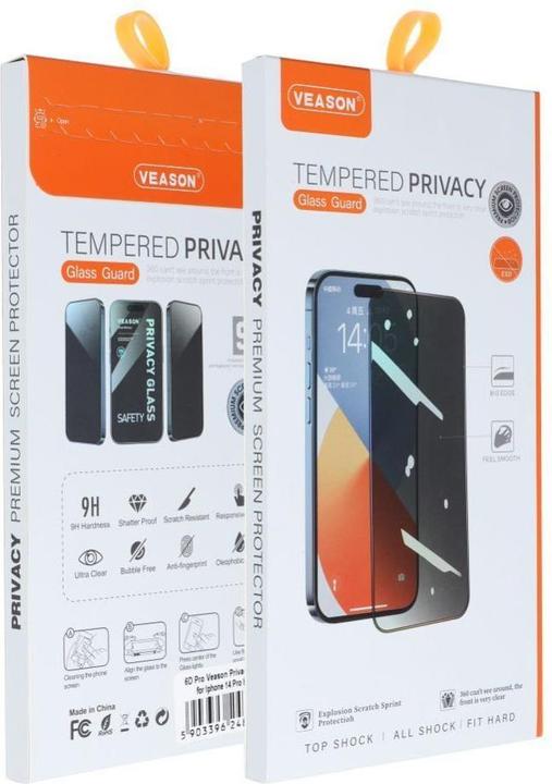 Actual product image Vmax Protective glass Veason 6D Pro Veason Privacy Glass - for Iphone 13 Pro / 14 black (1 pcs., Apple iPhone 13 Pro, Apple iPhone 14 Pro)