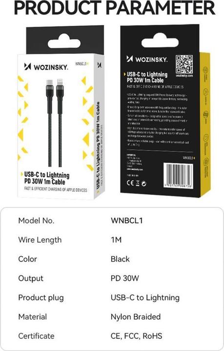 Actual product image Wozinsky WNBCL1 Lightning / USB-C PD 30W cable 1 m - black (1 m, 30 W)