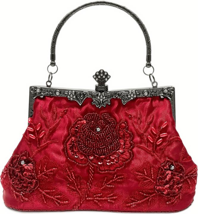 Actual product image Only-Bags.Store Beaded floral embroidery evening bag, vintage satin wedding handbags, sequin clutch clip