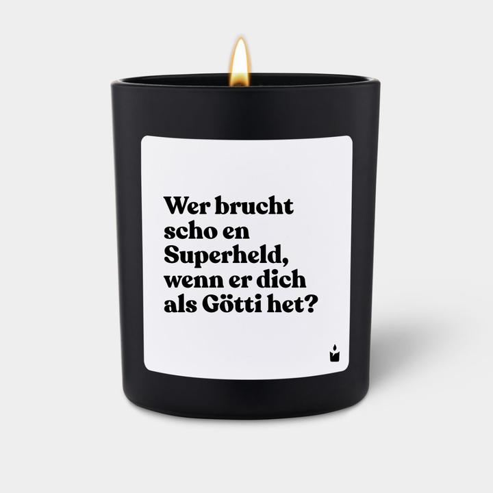Duftkerze Woody Wer brucht scho en Superheld, wenn er dich als Götti het?