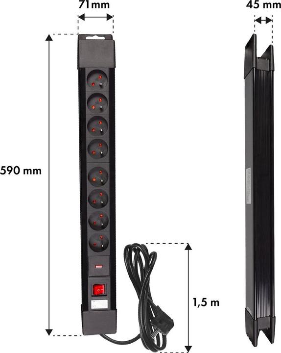 Actual product image Maclean MCE11 Extension Cable 1 5 m 8 AC Outputs Indoor Black (8x, CEE 7/5, 1.50 m)