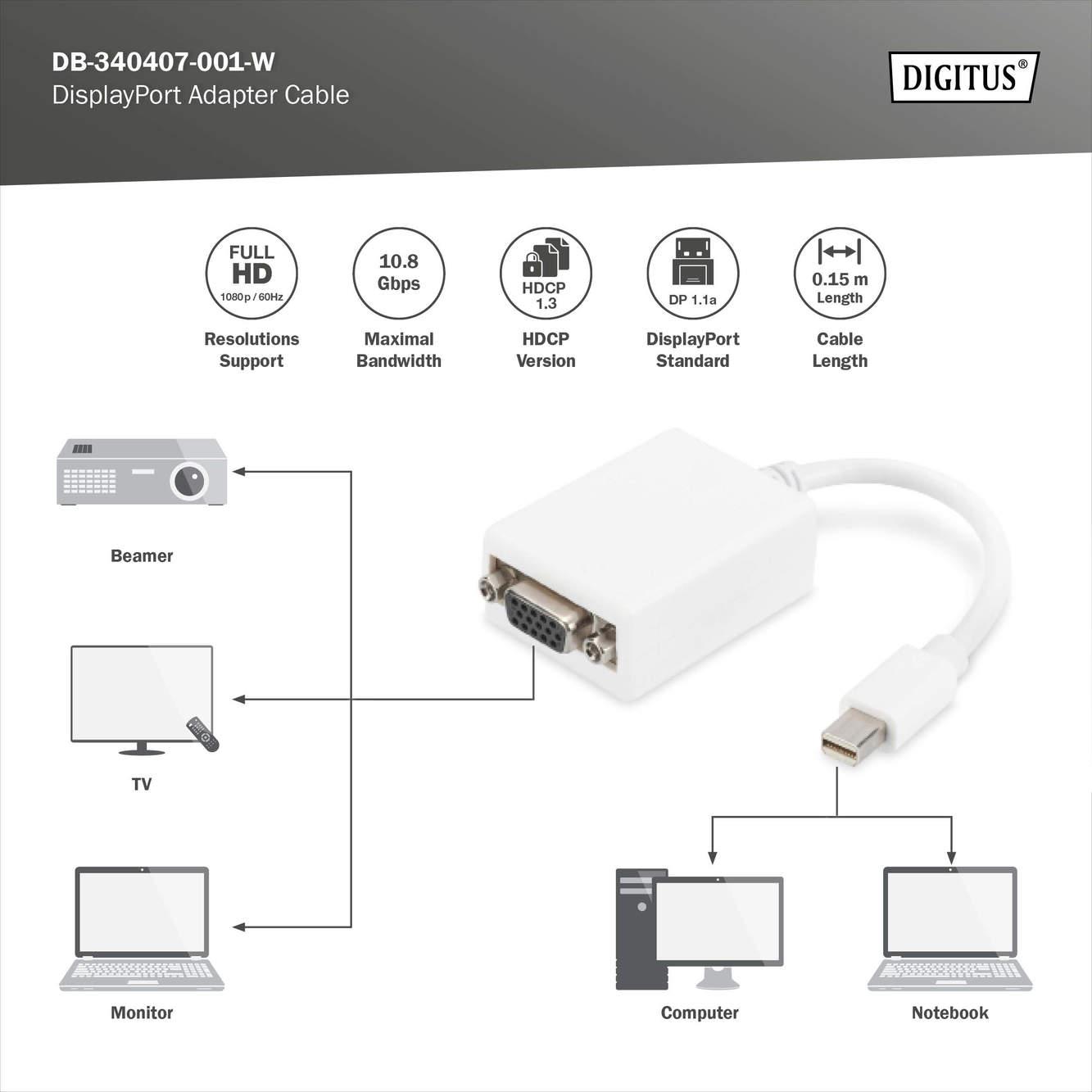 Adattatore Vga Displayport Adattatore Da DisplayPort A VGA &ndash; Cavo Da 25 Cm Per Collegare PC, Mac O Proiettori Convertitore Displayport Per Vga
