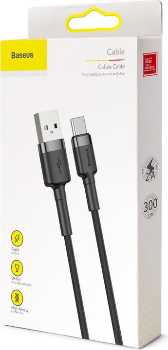 Productafbeelding Baseus cafule Kabel USB Voor Type-C 2A 3m Grijs+Zwart (3 m, USB 2.0)