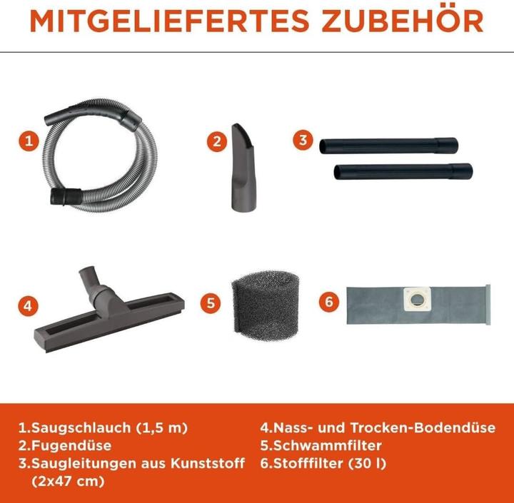 Immagine prodotto Black & Decker Aspirapolvere per liquidi e solidi con serbatoio da 30 litri e tubo flessibile (Aspirapolvere a umido e a secco)