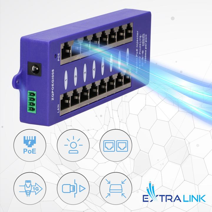 Produktbild Extralink POE INJECTOR 8 PORT GIGABIT MODE B - - 8-Port Fast Ethernet, Gigabit Ethernet (802.3af (PoE), 48 W)
