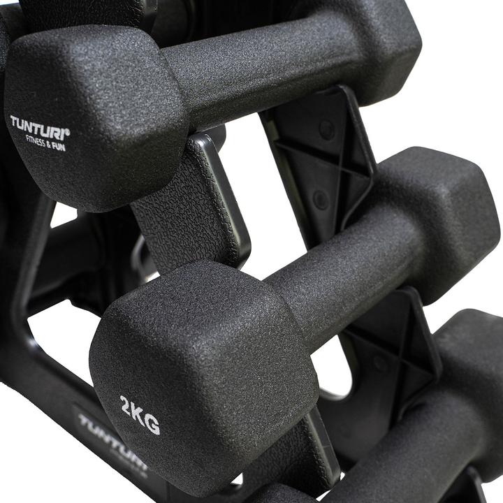 Produktbild Tunturi Neopren Kurzhantelset mit Ständer (2 x 1 kg, 2 x 2 kg, 2 x 3 kg)