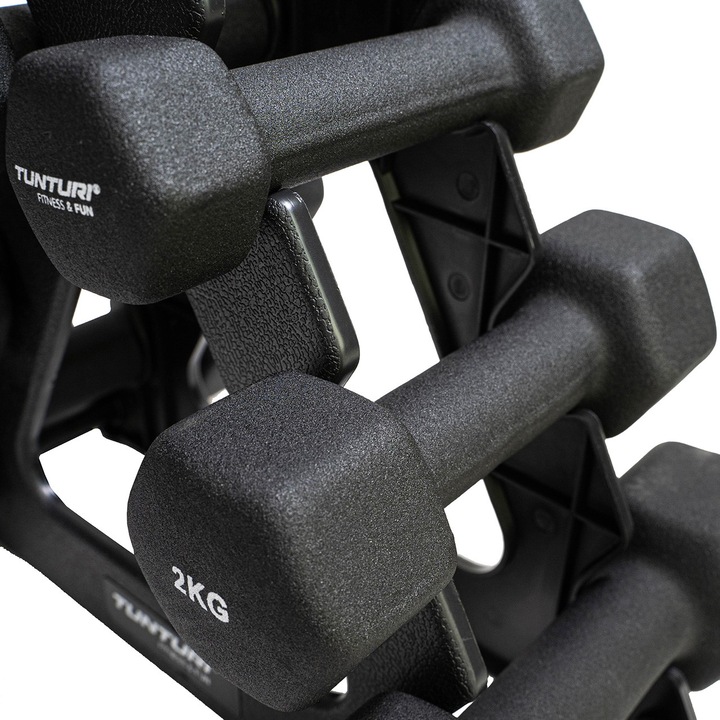 Actual product image Tunturi Neopren Kurzhantelset mit Ständer (2 x 1 kg, 2 x 2 kg, 2 x 3 kg)