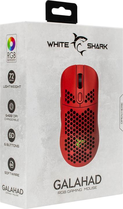 Actual product image White Shark Ultra light gaming mouse Galahad Red, 72g (Cable)