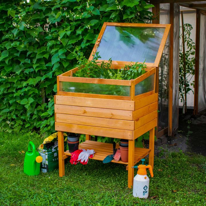 Image du produit Dobar Hochbeet Kubus 2.0 mit Ablage und Pflanzfolie, Hellbraun