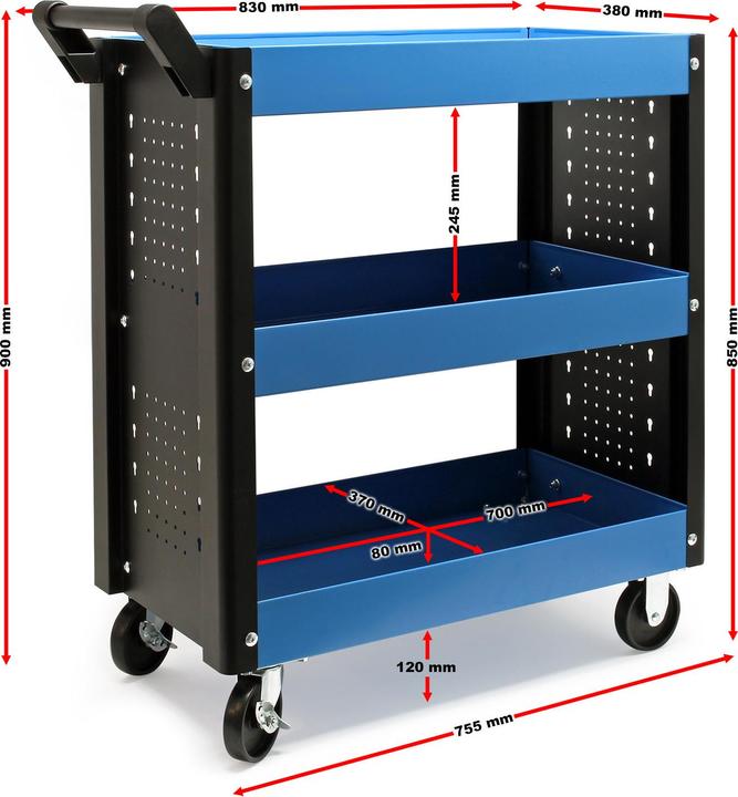 Image du produit Wiltec Servante d‘atelier 3 Niveaux Poignée Roues plastique Frein Étagère Rangement Bord surélevé Chariot (1 x)