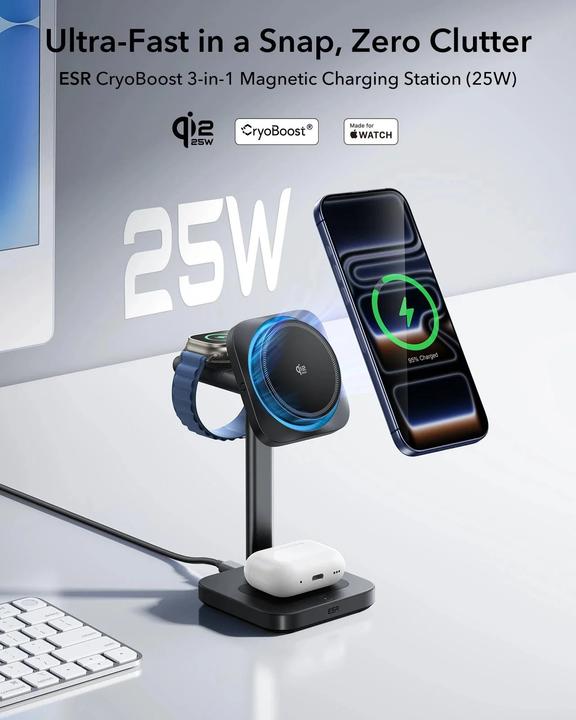 Actual product image ESR CryoBoost 3 in 1 Magnetic Charging Station (25W) Black EU Plug (25 W)