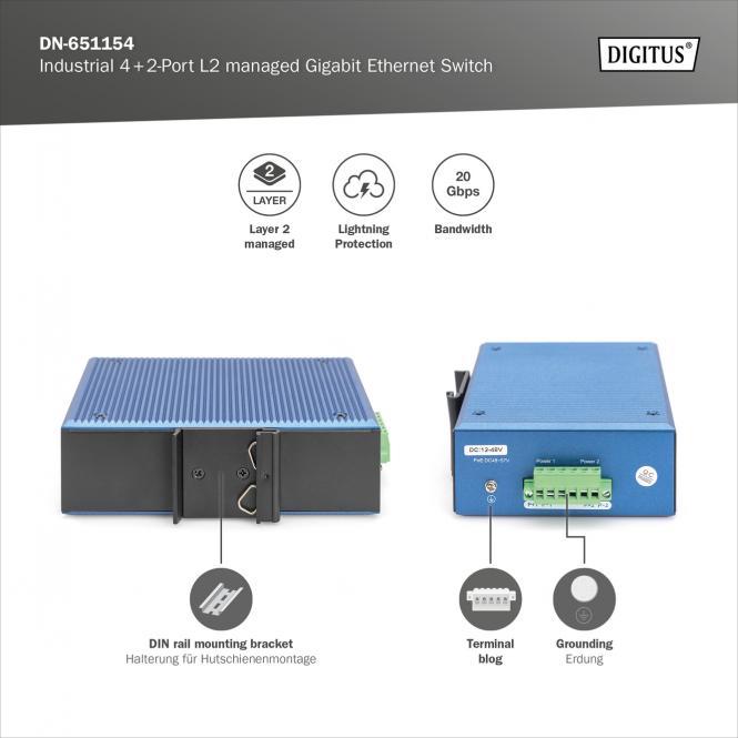 Produktbild Digitus Industrial 4+2 -Port L2 managed Gigabit Ethernet Switch (4 Ports)