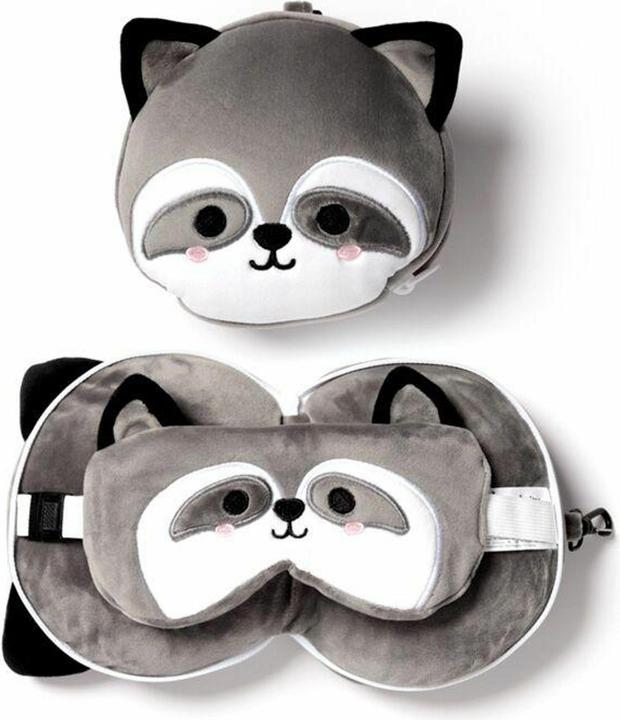 Immagine prodotto Puckator Relaxeazzz Cuscino da viaggio rotondo in peluche a forma di procione con maschera per gli occhi (Copertina del passaporto)