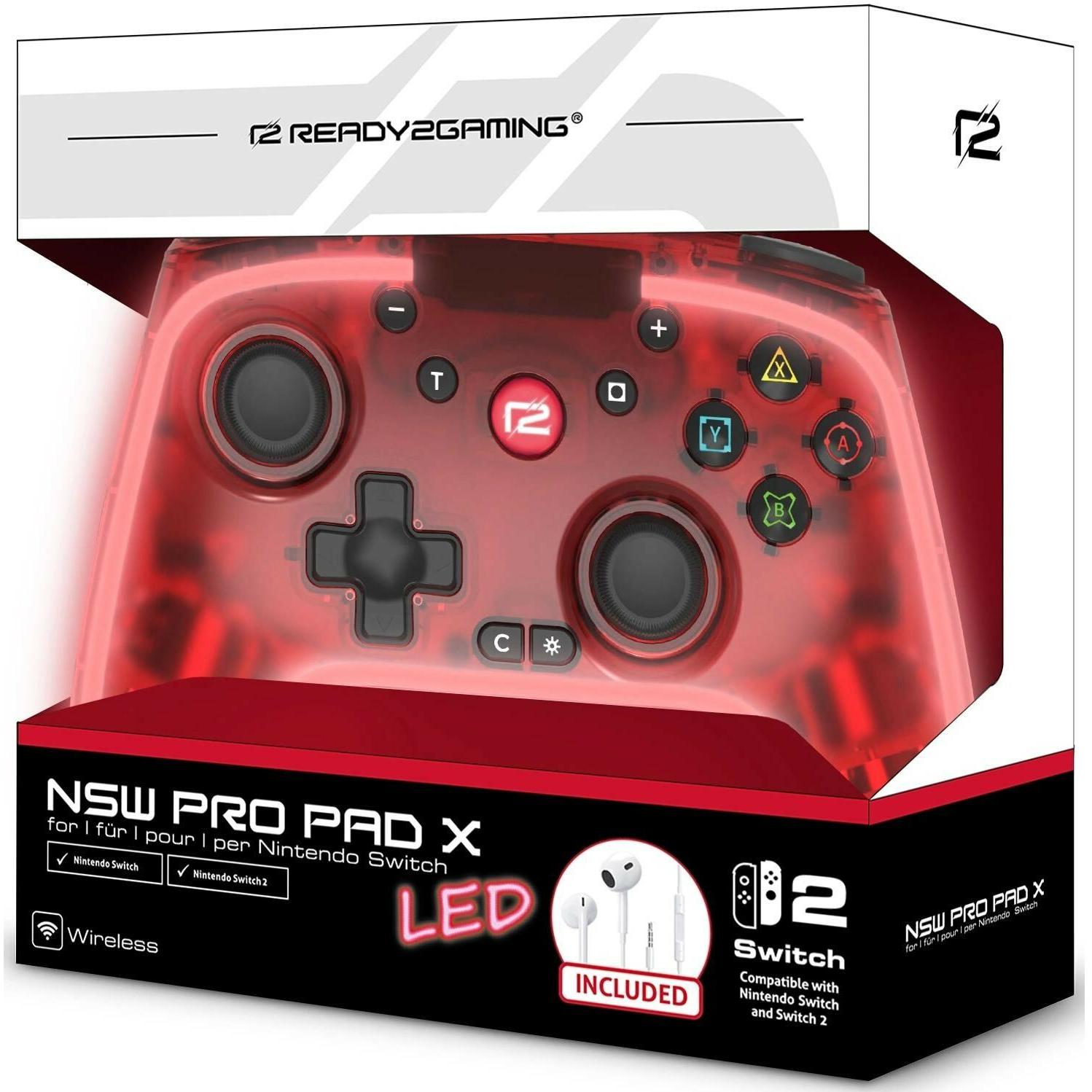 ready2gaming NSW2 Game Pro X 2 LED (PC, Switch, Switch 2), Controller gaming, Rosso, Trasparente