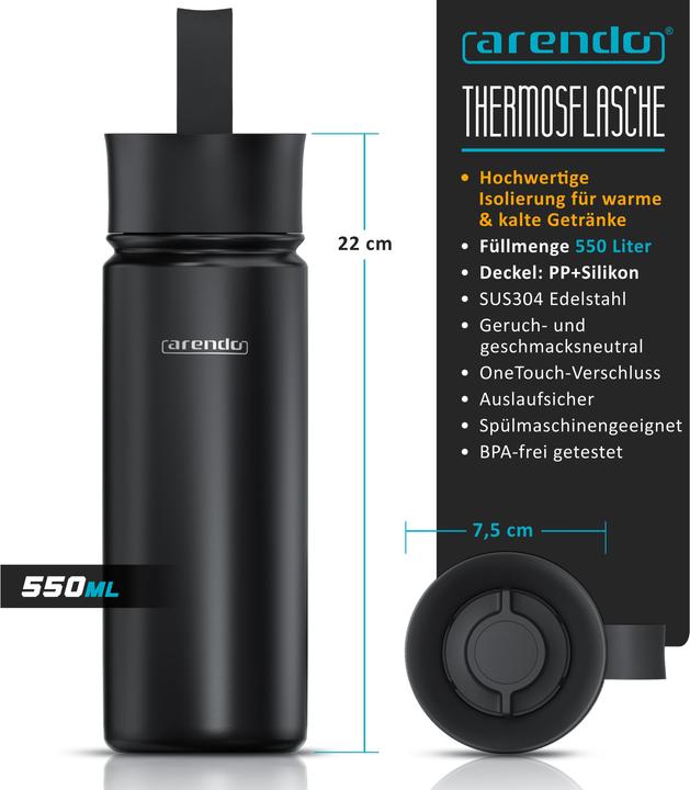 Produktbild Arendo Thermosflasche Isolierflasche auslaufsicher 0,5L Edelstahl Trinkflasche 500ml BPA-frei für Unterwegs (0.55 l)
