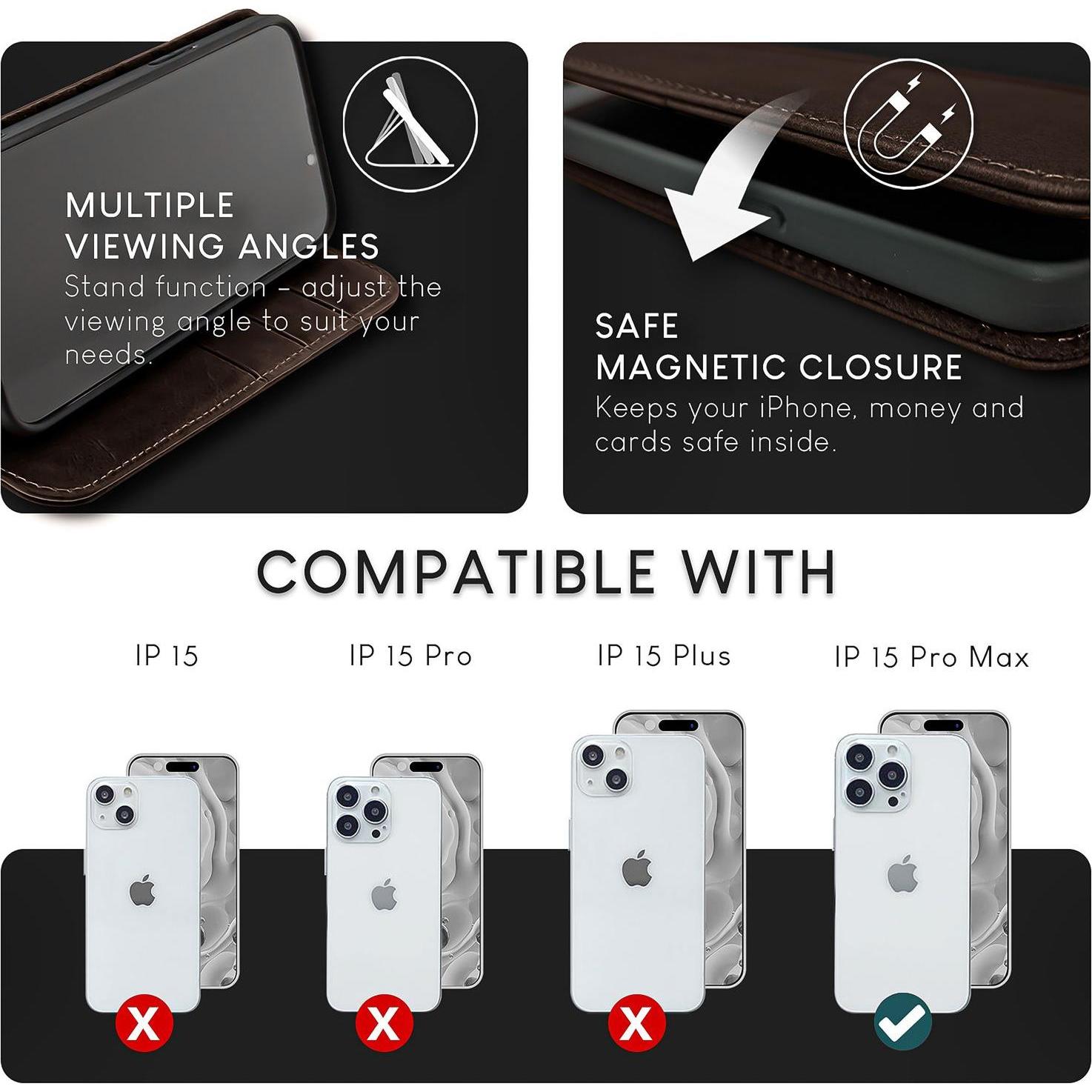 Thumbnail - Nalia Echt Leder Flip Case Hülle mit Magnetverschluss (Apple iPhone 15 Pro Max), Smartphone Hülle, Braun