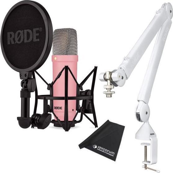 XLR-Kabel, Staubschutzbeutel, keepdrum Mikrofasertuch, Rode NT1 Signature Pink Mikrofon, PSA-1 W Plus White Gelenkarm, SM6 Spinne mit integriertem Popschutz