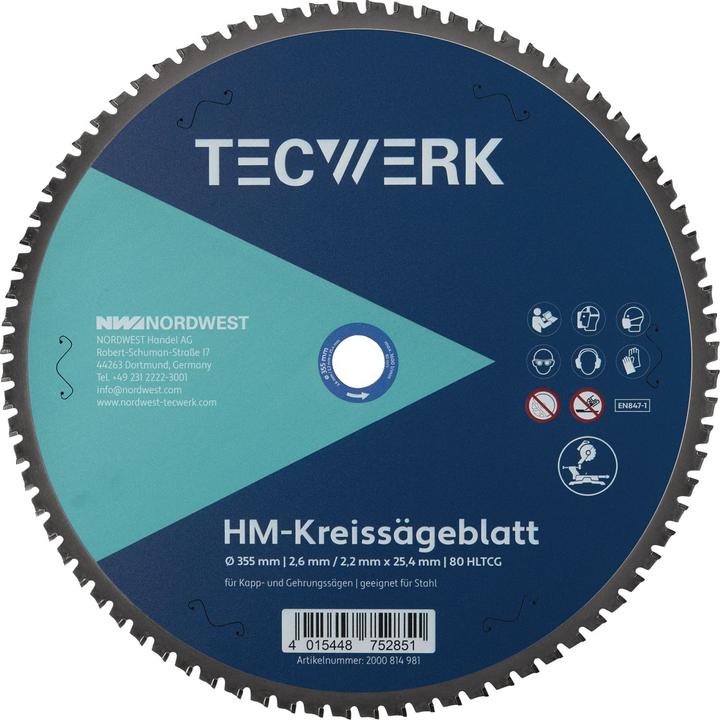 Tecwerk Handkreissägeblatt Aussen-Ø 355 mm Zähnezahl 80 HLTCG Bohrung 25,4 mm Schnittbreite 2.6 mm