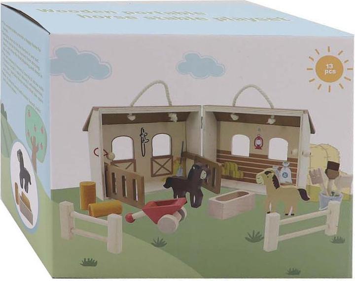 Produktbild Holz-Pferdestall-Spielset, tragbar, 13-teilig.