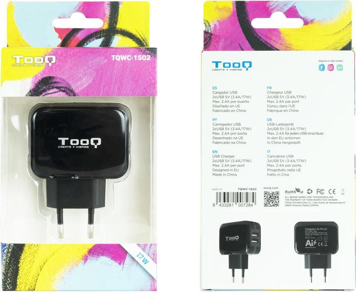 Immagine prodotto Tooq Technology CARGADOR PARED USB TQWC-1S02 2xUSB 3,4 A(TOTALE) AI-TECH NEGRO (17 W)