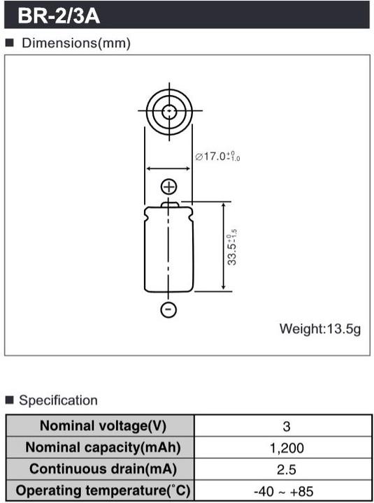 Produktbild Panasonic Batterie BR-2/3 A mit Lötfahnen in U-Form (1 Stk., 2/3 A, 1200 mAh)
