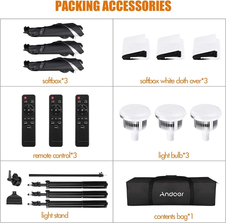 Image du produit Andoer Kit d'éclairage softbox 85 W (Boîte à lumière)