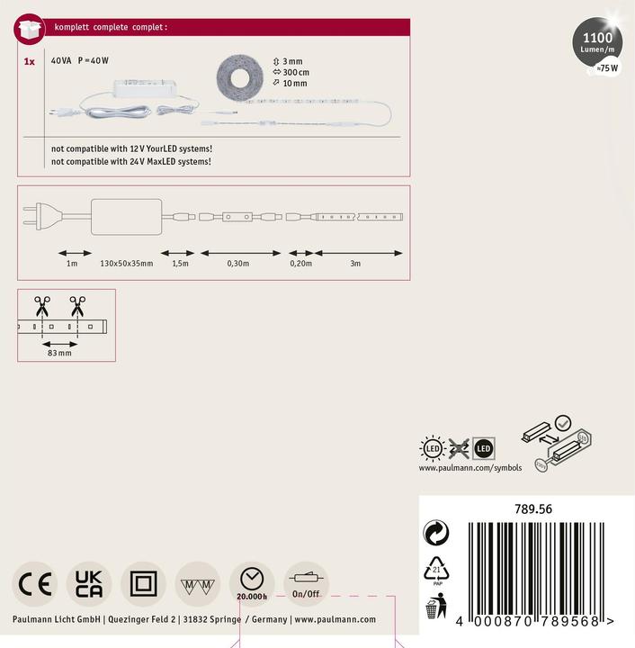 Produktbild Paulmann SimpLED Power Stripe Set (Warmweiss, 300 cm, Indoor)