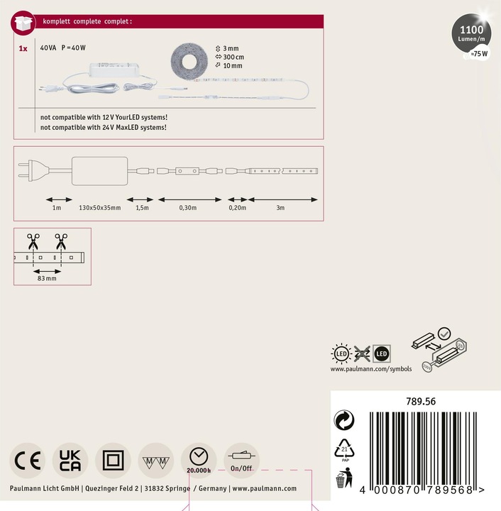 Image du produit Paulmann SimpLED Power Stripe Set (Blanc chaud, 300 cm, Intérieur)