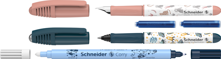 Produktbild Schneider Rinkinys Zippi Füllfederhalter und Tintenroller, Radiergummi, 2 Patronen, Blister (Sortiert, 1 x)