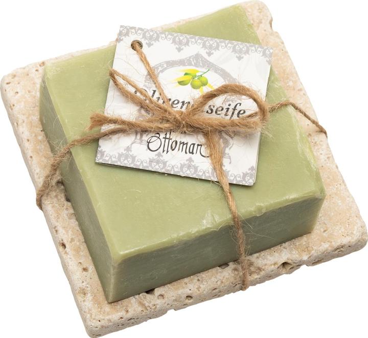 Produktbild Natura Punto Seife mit Oliven- und Lorbeer-Öl, mit Seifenablage aus Travertin (Hartseife)