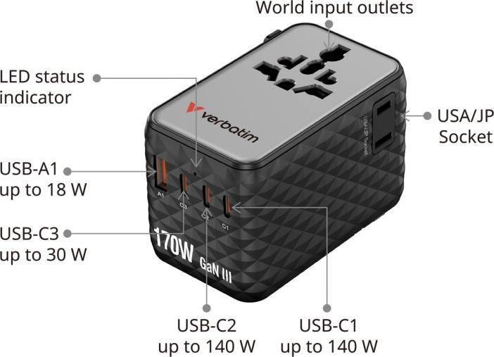 Actual product image Verbatim Charge 'N' Travel 170w Universal Travel Adapter Black