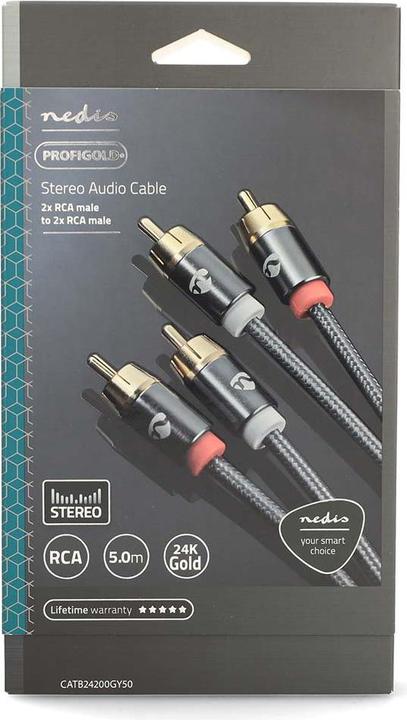 Actual product image Nedis Stereo Audio Cable 2X RCA Plug 2X RCA Plug Gold Plated 5.00 m Round Grey / Gun Metal Grey Ve (5 m, Cinch)