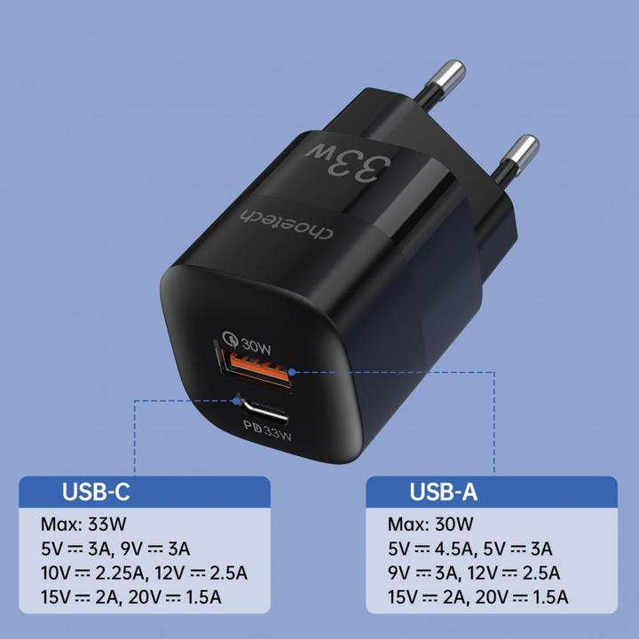 Actual product image Choetech Fast USB Wall Charger USB Type C PD QC 33W black (PD5006) (33 W)