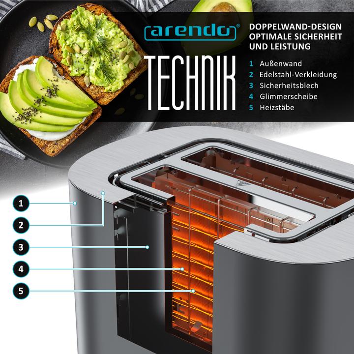 Produktbild Arendo Toaster Edelstahl 2 Scheiben Kurzschlitz, Restzeit & Bräunungsgradanzeige, Touch Display, 800 W