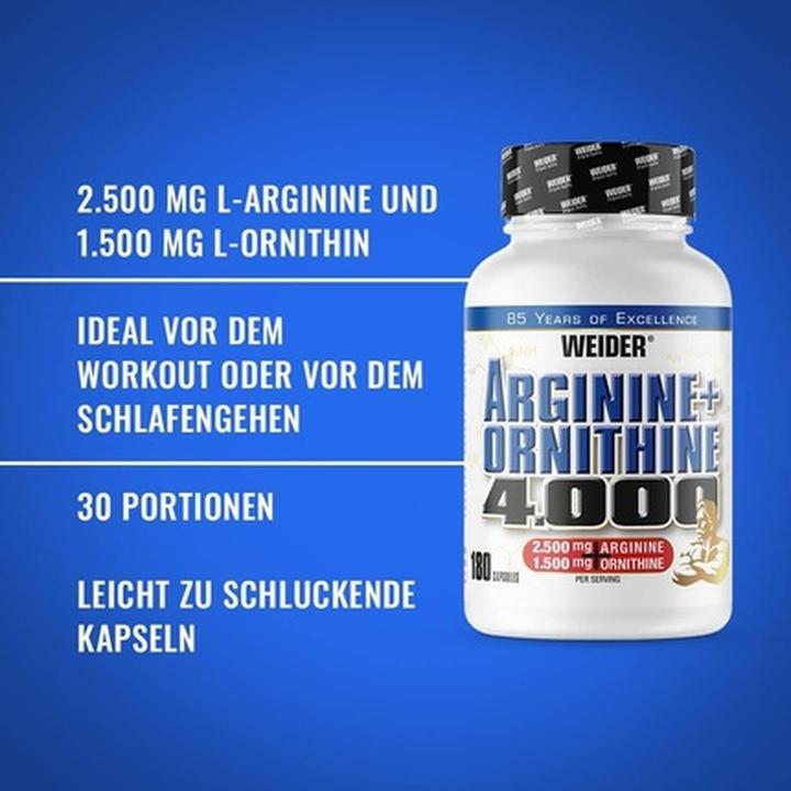 Immagine prodotto Weider Arginina + Ornitina 4000 (180 Pezzo/i, Pillole, 157 g)