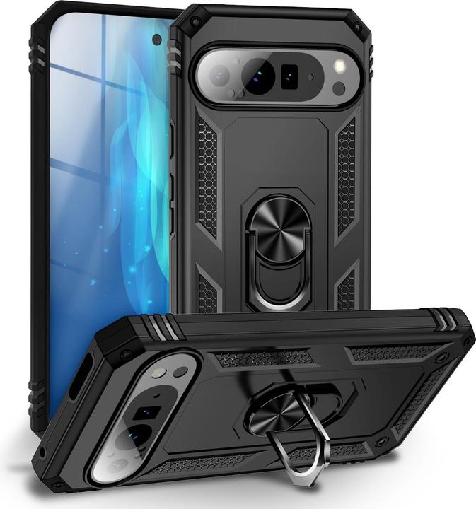 Produktbild Nalia RingDefend - Schwarze Panzerhülle mit 360-Grad Finger-Halter & Ständer - Military Style Cover (Google Pixel 9 Pro XL)